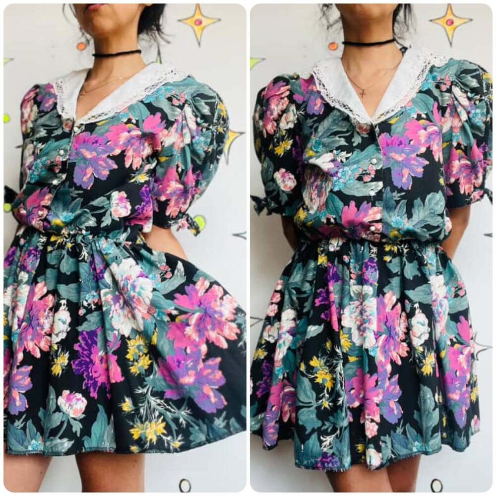 80s Floral Babydoll Dress Cottage Core Fairy Grunge Kawaii Secretary Vintage S/M